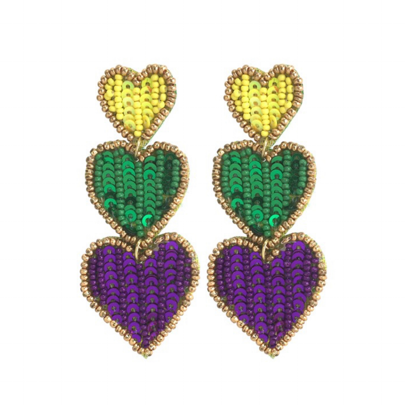 Mardi Gras Triple Heart Earrings