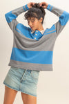 Contrast Stripe Polo Sweater- gray/blue