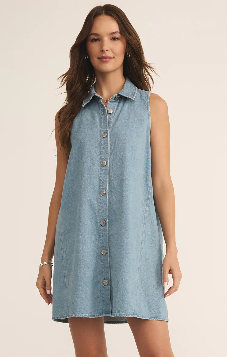 Z Supply New Day Twill Mini Dress-light vint indigo