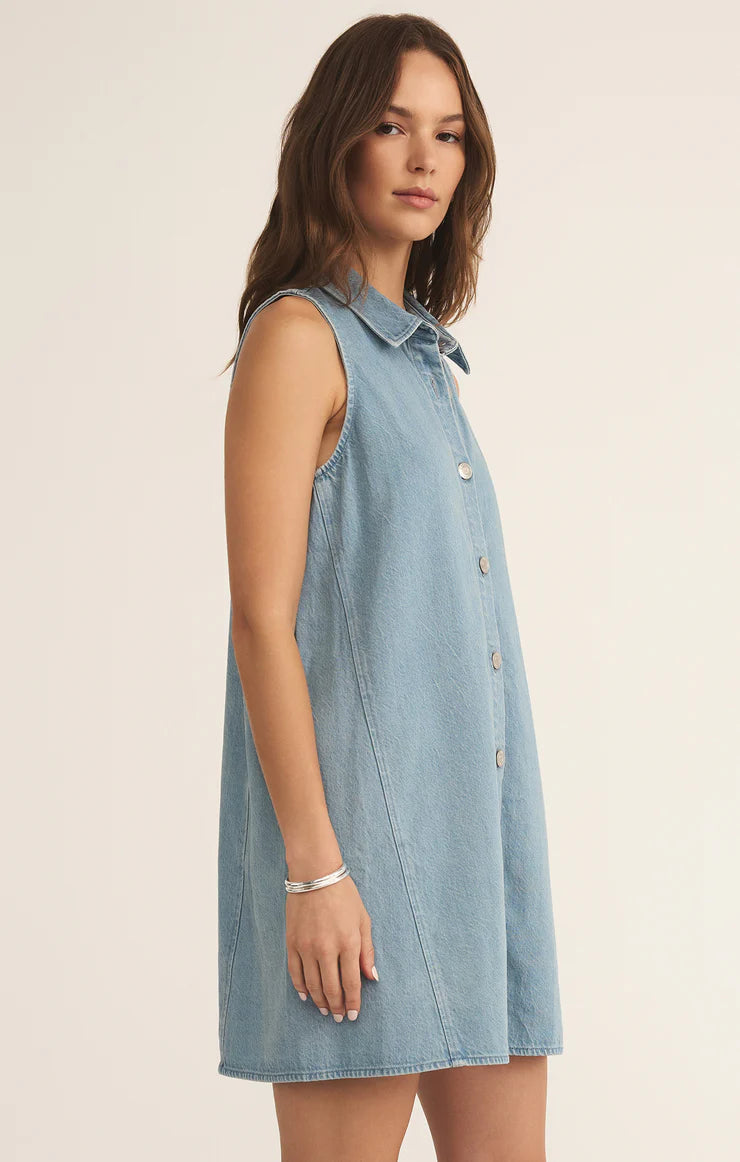 Z Supply New Day Twill Mini Dress-light vint indigo