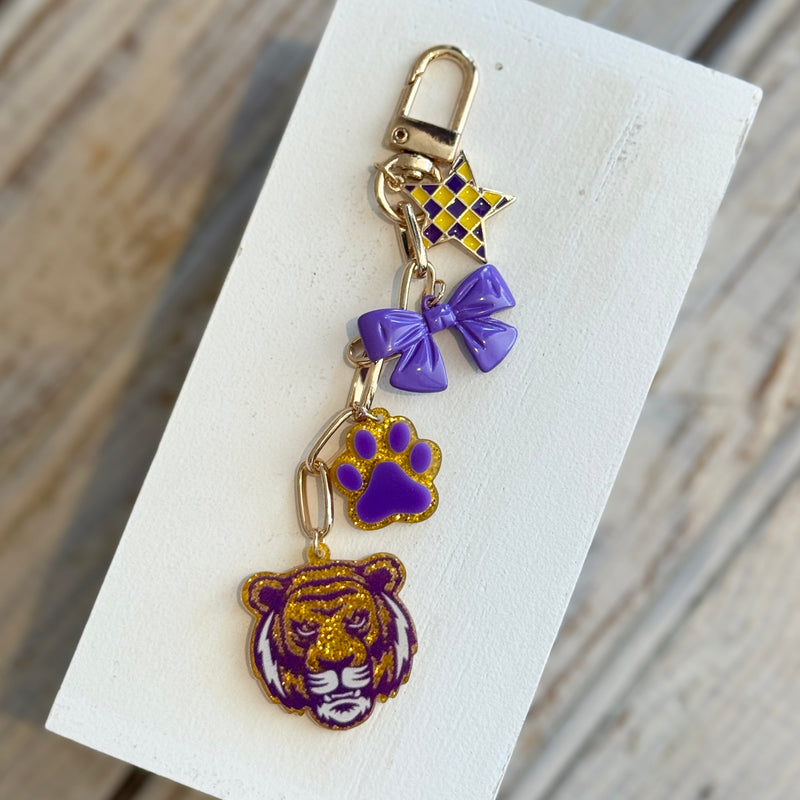 NM Gameday Tiger Bag Charm-purple & gold