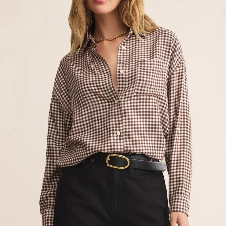 Z Supply River Plaid Button Up- choc cherry