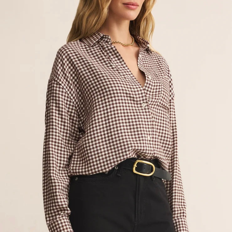Z Supply River Plaid Button Up- choc cherry