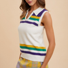 Mardi Gras Striped Polo Top- Ivory Combo