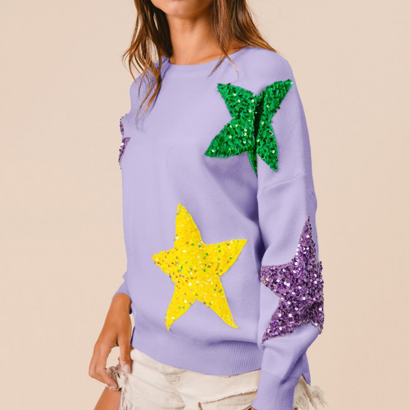 Sequin Star Patch Sweater- Lavender