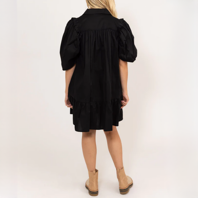 Karlie Puff Sleeve Button Down Dress-black