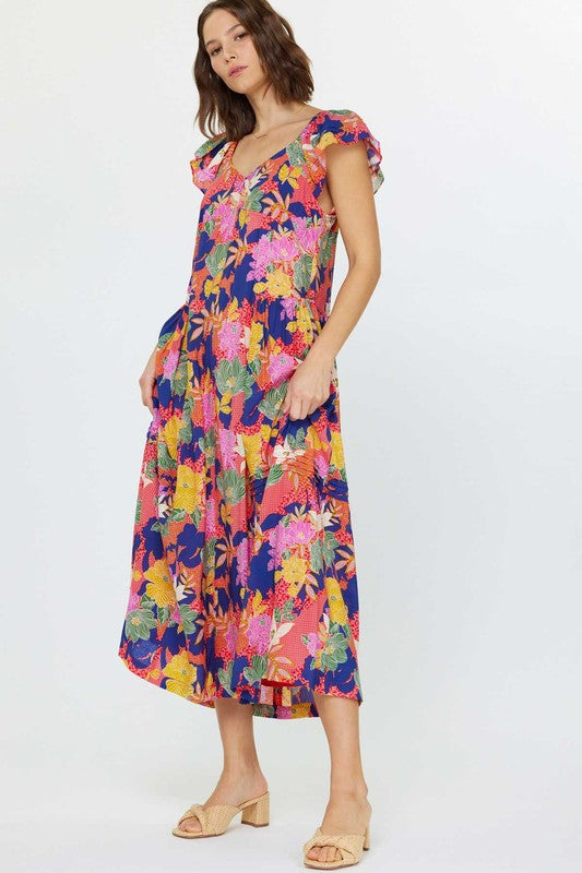 Current Air Flutter Sleeve Flora Dress-red multi