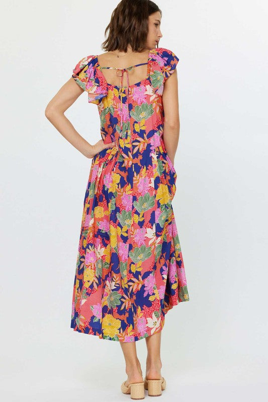 Current Air Flutter Sleeve Flora Dress-red multi