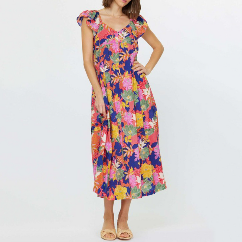 Current Air Flutter Sleeve Flora Dress-red multi