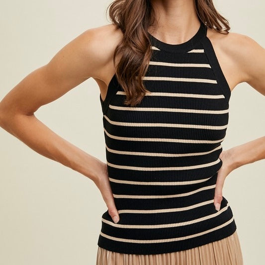 Wishlist Striped High Neck Tank-black/taupe