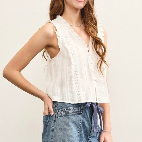 Ruffle V Neck Top- White