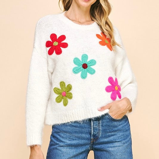 Pinch Flower Sweater- Off White