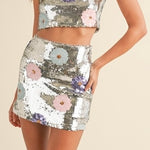 Mable Floral Sequin Mini Skirt-silver