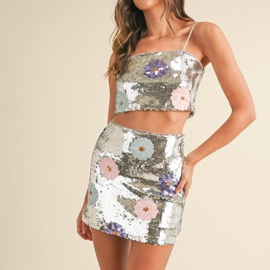 Mable Floral Sequin Mini Skirt-silver