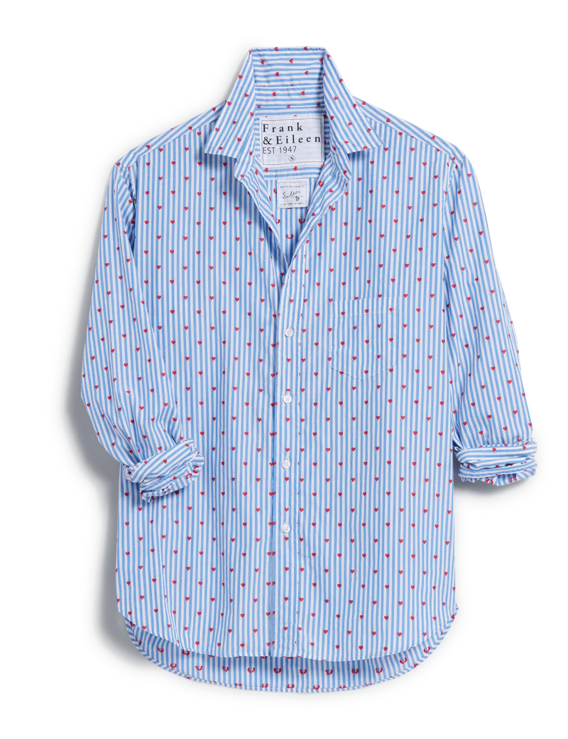 F&E Eileen Relaxed Button Up Shirt- blue stripe red heart