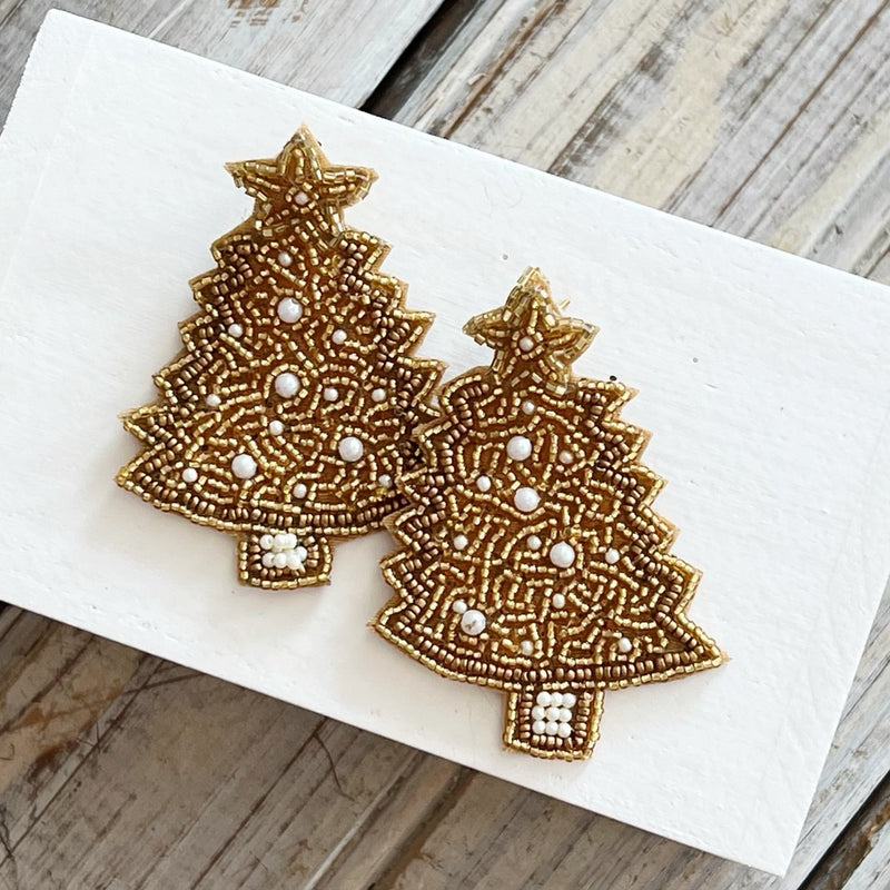Gold Beaded Christmas Tree Earrings