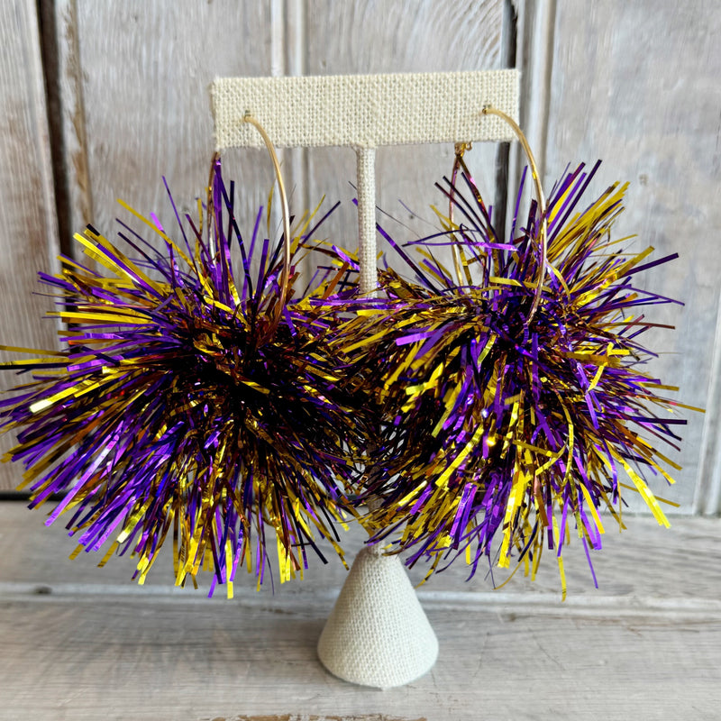 LSU Pom Pom Hoop Earring-purple/gold