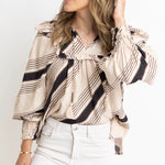 Karlie Stripe Ruffle Puff Sleeve Top- Tan/Blk