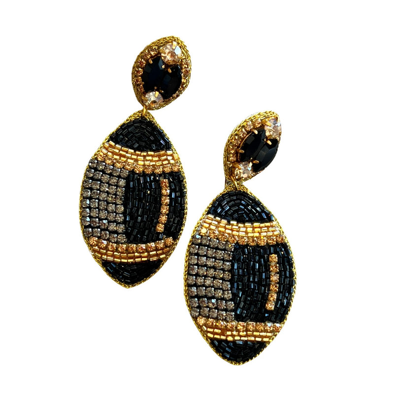 Taylor Shaye Beaded Football Earrings- Black/Gold